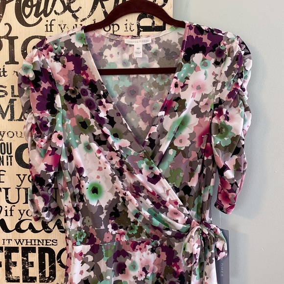 NWT London Times Faux Wrap Watercolor Print Ruched Sleeves Dress Size 10 - Picture 2 of 11